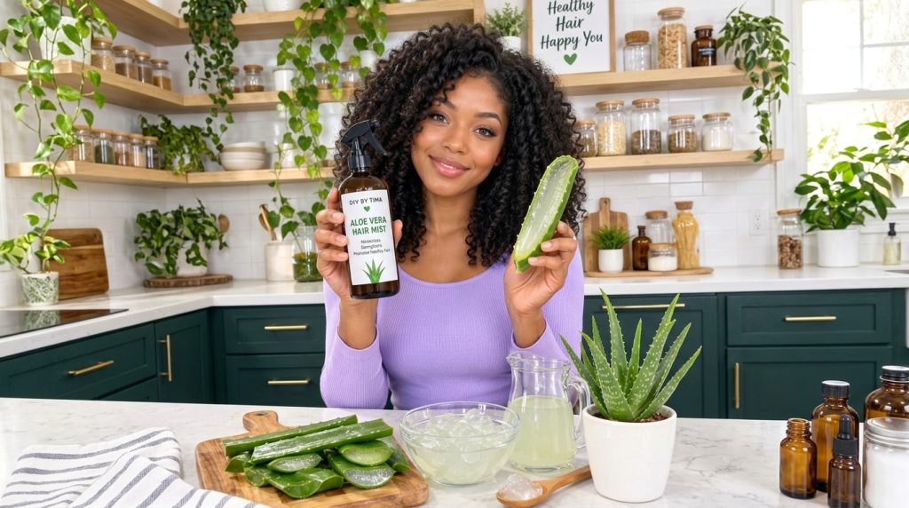 A woman with curly hair holding a fresh aloe vera leaf and an Aloe Vera Hair Mist spray bottle in a bright kitchen Vario