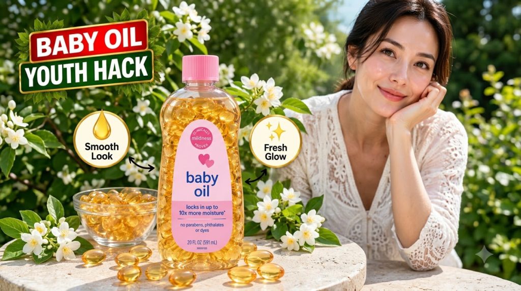 A bottle of Johnson s Baby Oil with golden gel capsules surrounded by loose capsules and a glass bowl against a soft bac