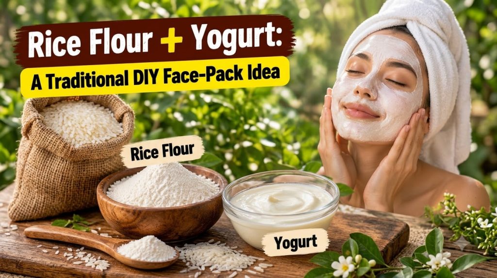 A split image showing ingredients on one side and a woman applying a face mask on the other On the left a rustic wooden 