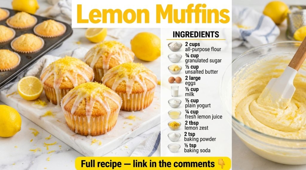 Several golden-brown lemon muffins in white paper liners drizzled with white glaze and topped with lemon zest arranged a