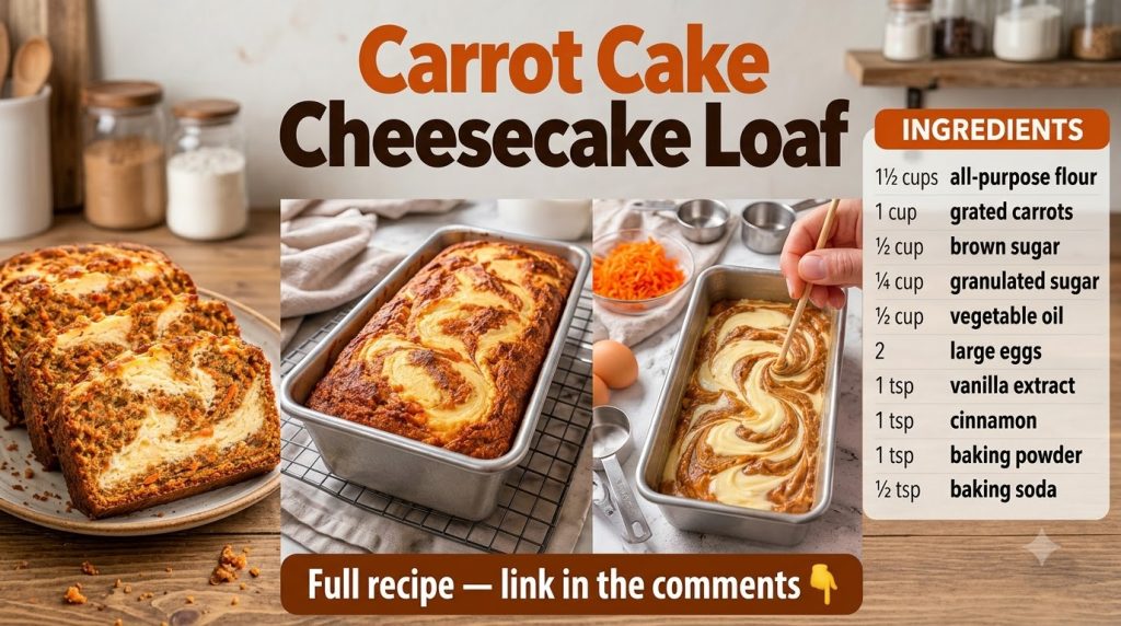 A perfectly baked carrot cake cheesecake loaf in a metal pan on a cooling rack showing a prominent cream cheese swirl on