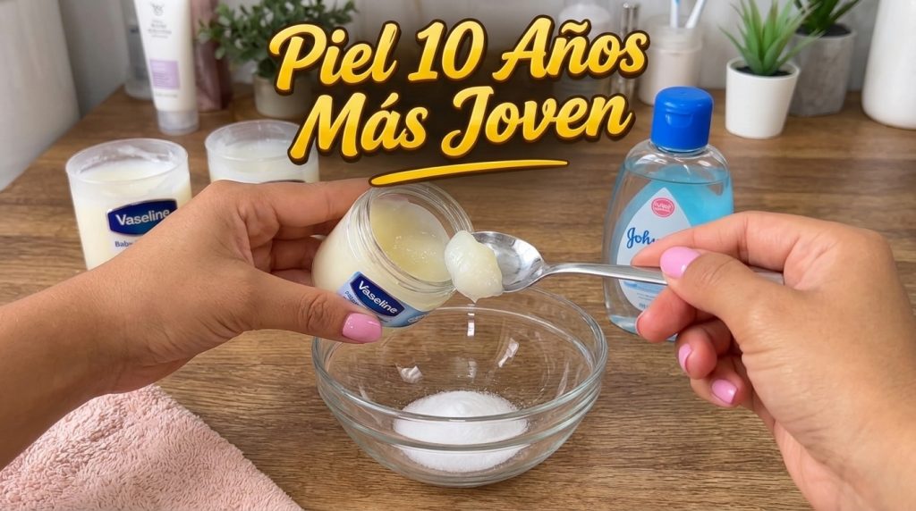 Hands preparing a homemade beauty remedy with Vaseline spooning it into a glass bowl with sugar with baby oil in the bac
