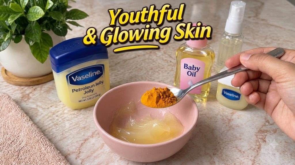 A pink bowl containing a clear viscous gel in the foreground with a spoon heaped with bright yellow turmeric powder susp