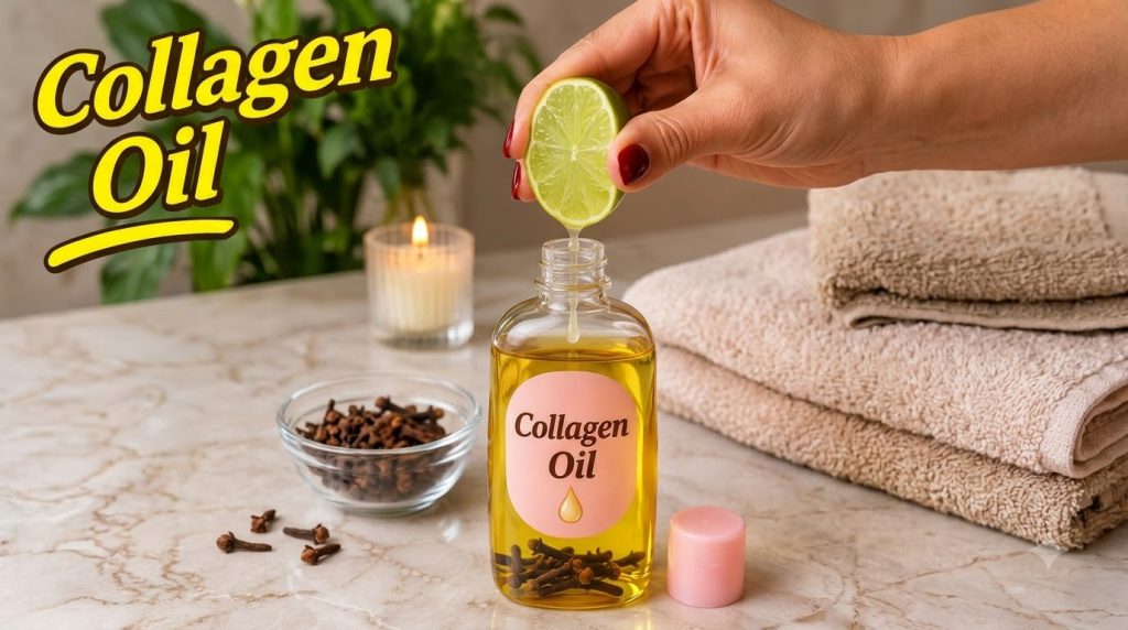 A hand squeezing a fresh lime into a bottle of collagen oil which contains cloves at the bottom set on a marble surface
