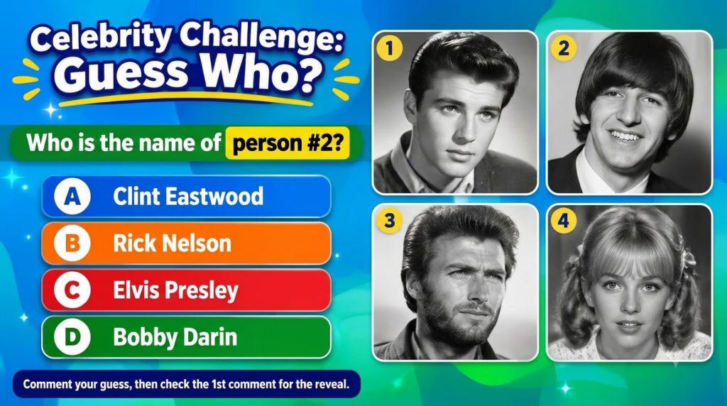 A quiz card featuring four black and white portraits of young celebrities with the central question Celebrity Challenge