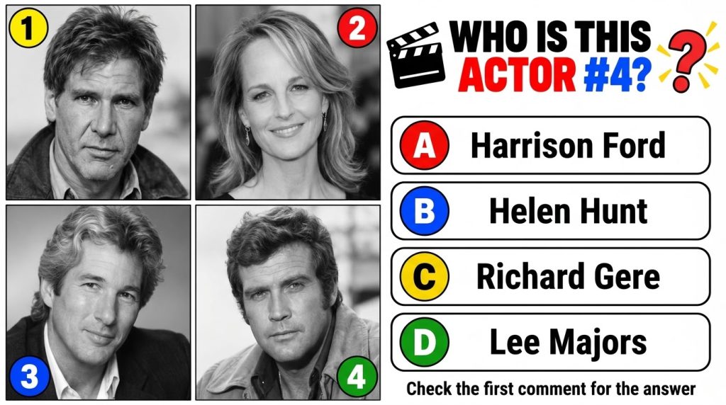 A social media quiz card featuring four black-and-white celebrity portraits in a 2x2 grid The top headline reads WHO IS 