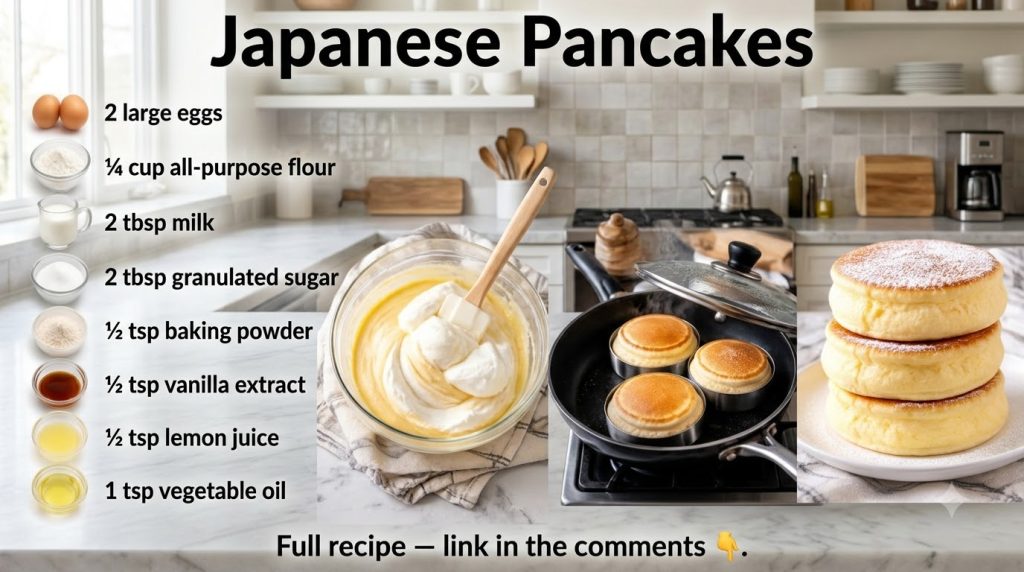 A split infographic showing ingredients mixing batter with meringue cooked stacked Japanese pancakes with powdered sugar