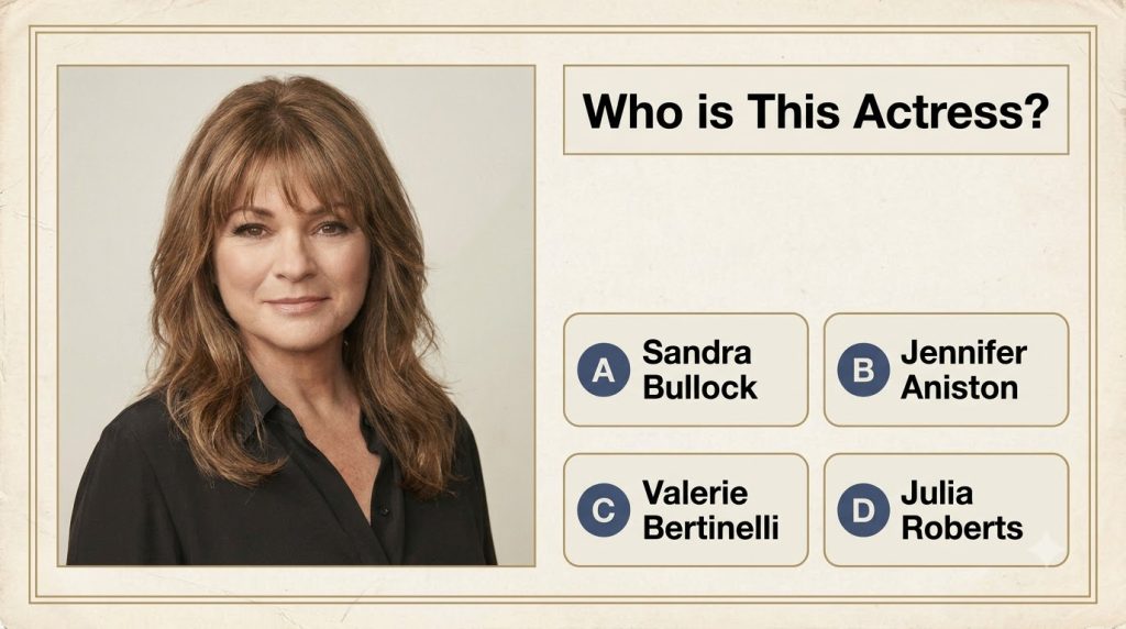 Quiz image featuring a headshot of Valerie Bertinelli framed in neon with the question Who is This Actress and four answ