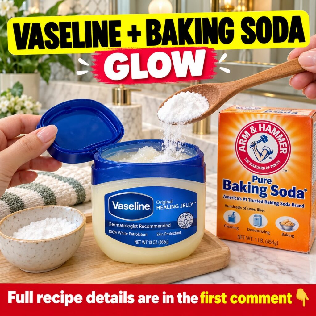 A small glass bowl containing a mixture of white petroleum jelly Vaseline and white baking soda with a small spoon resti