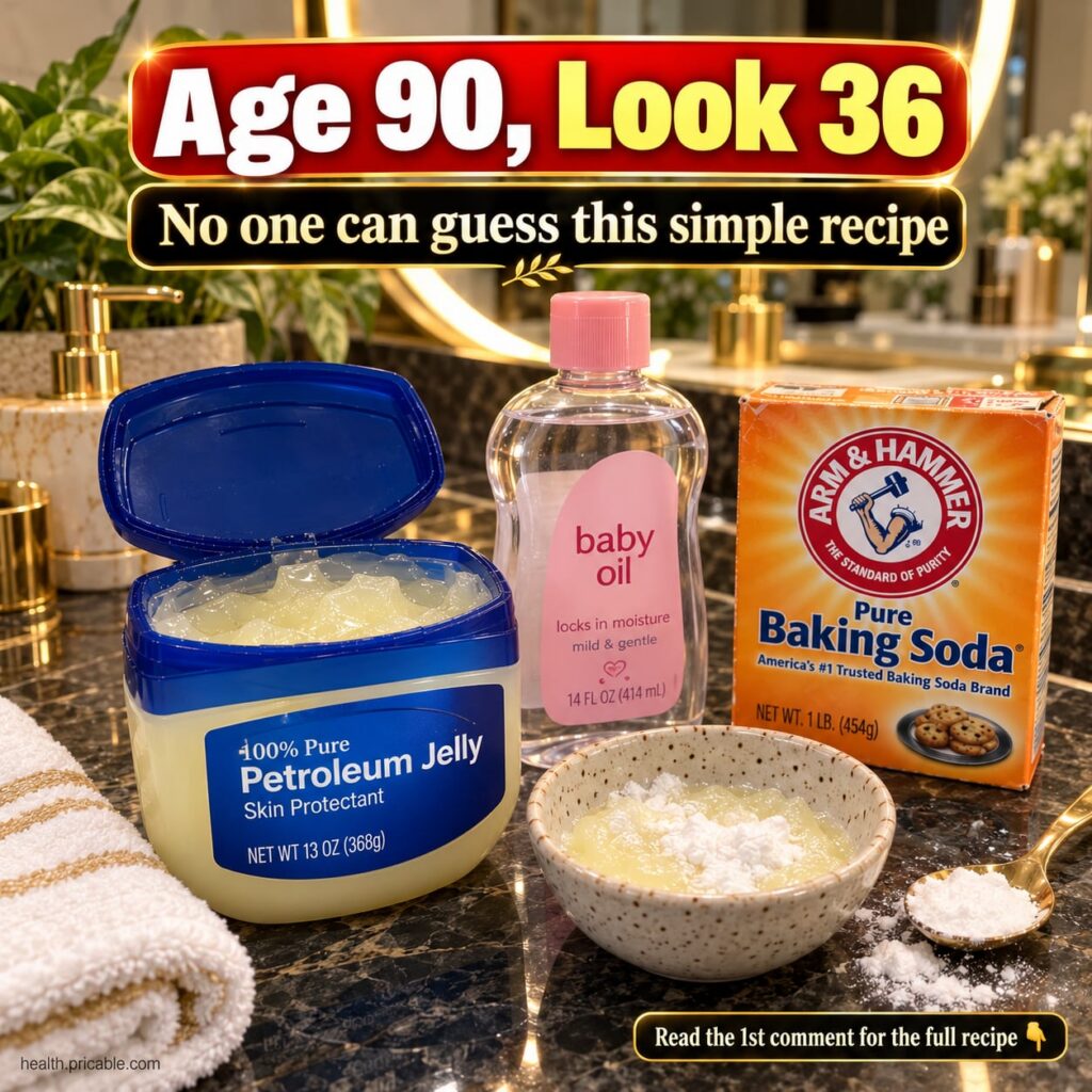 A trio of ingredients a jar of Vaseline a bottle of Johnson s Baby Oil and a box of baking soda neatly arranged on a cle