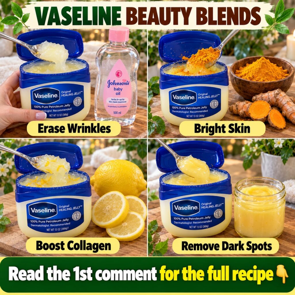 A woman applying a DIY Vaseline mixture to her face with small bowls of natural ingredients like turmeric lemon and a ja