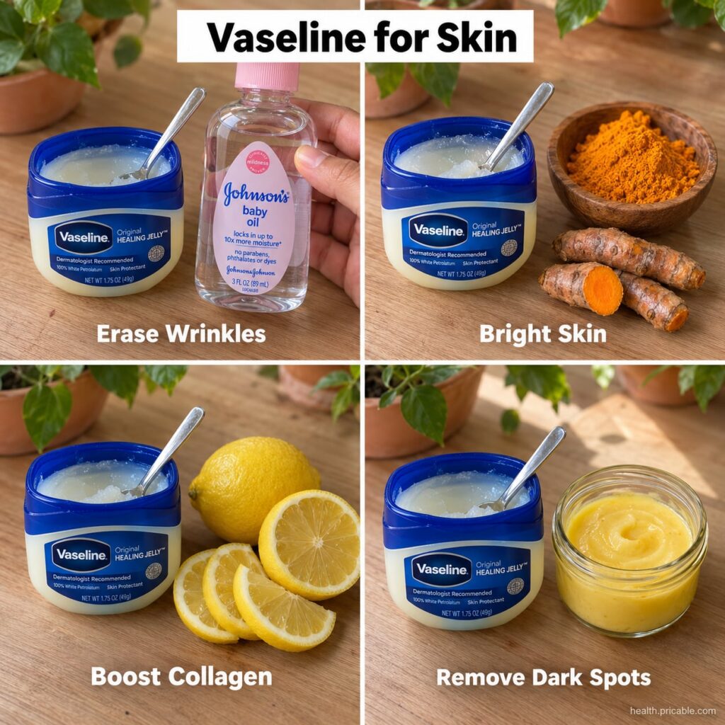 A close-up of a small glass jar filled with a creamy Vaseline mixture with a small spoon beside it The background is sof