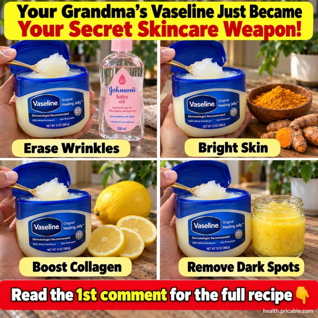 A close-up of a small jar of Vaseline petroleum jelly next to various natural ingredients like aloe vera vitamin E capsu