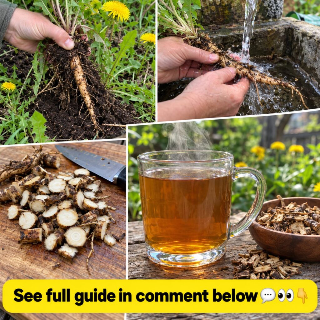 Close-up of freshly harvested dandelion roots cleaned and laid out on a wooden cutting board with some soil clinging to 