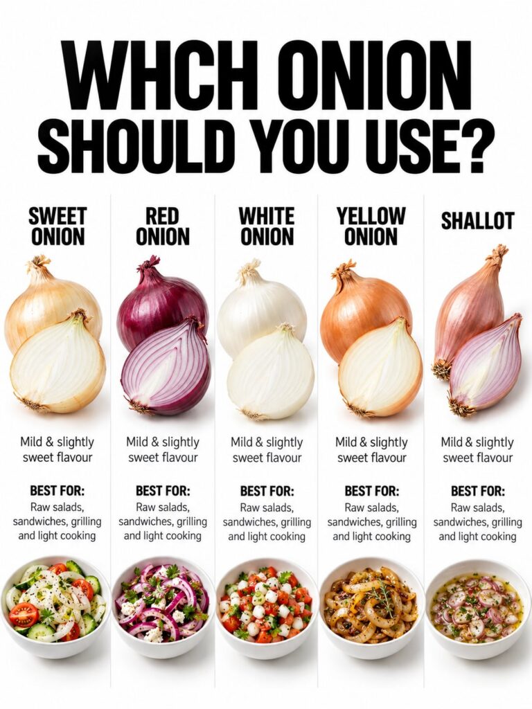 An infographic showing various types of onions like sweet yellow red white shallots and green onions with short descript