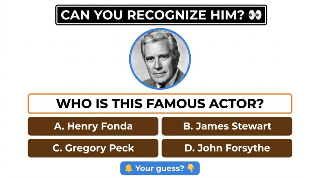 A black and white portrait of Humphrey Bogart with a quiz question overlay Which legendary actor starred in Casablanca a