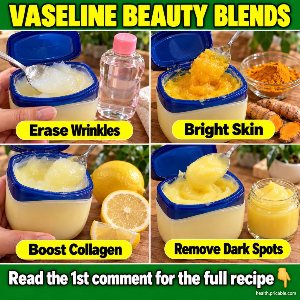 A trio of small glass jars containing Vaseline yellow turmeric powder and fresh lemon slices with a bottle of baby oil i