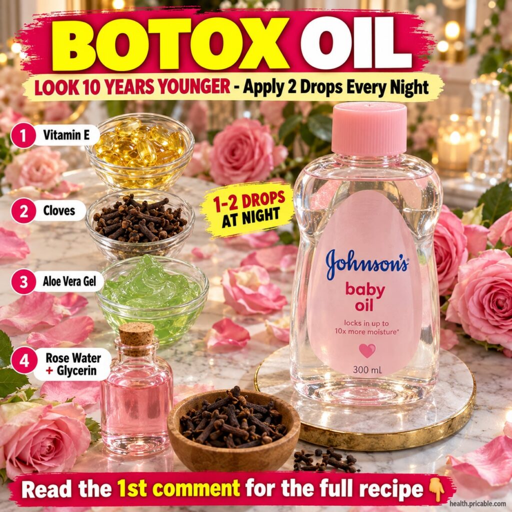A collection of ingredients for the Botox Oil blend a bottle of Johnson s Baby Oil Vitamin E capsules whole cloves a fre