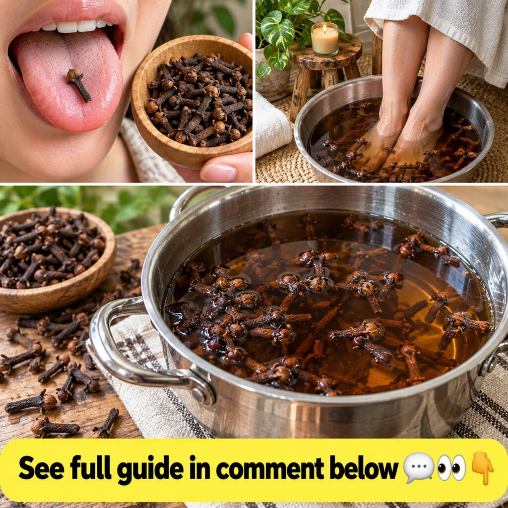 An overhead shot of whole and ground cloves spilling out of a small wooden bowl onto a light surface with a small mortar
