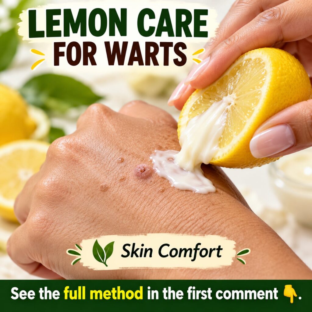 A close-up shot of a hand with a small wart on a finger next to a sliced lemon and a small pot of white cream The settin