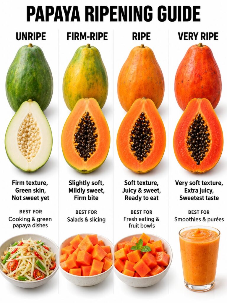 A visual guide illustrating three stages of papaya ripeness unripe green partially ripe green with yellow streaks and fu