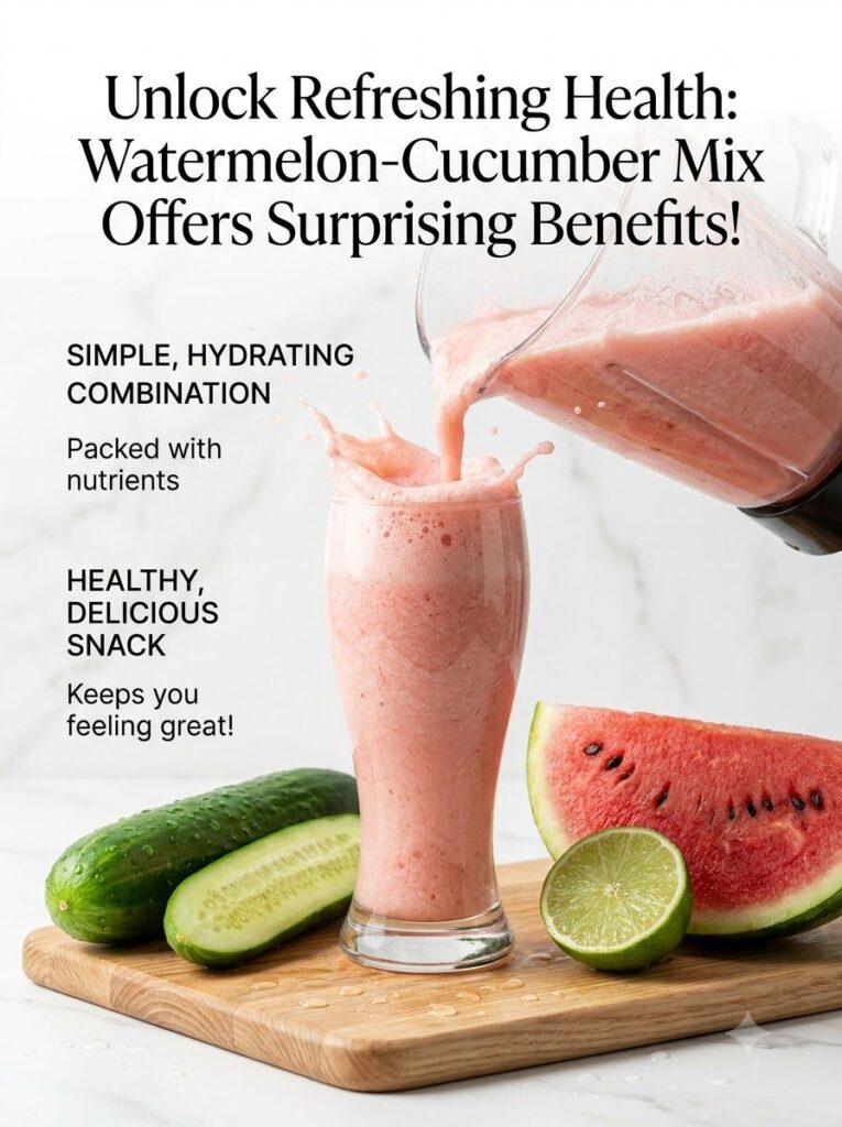 A vibrant refreshing watermelon-cucumber blend in a glass with fresh watermelon slices and cucumber pieces nearby