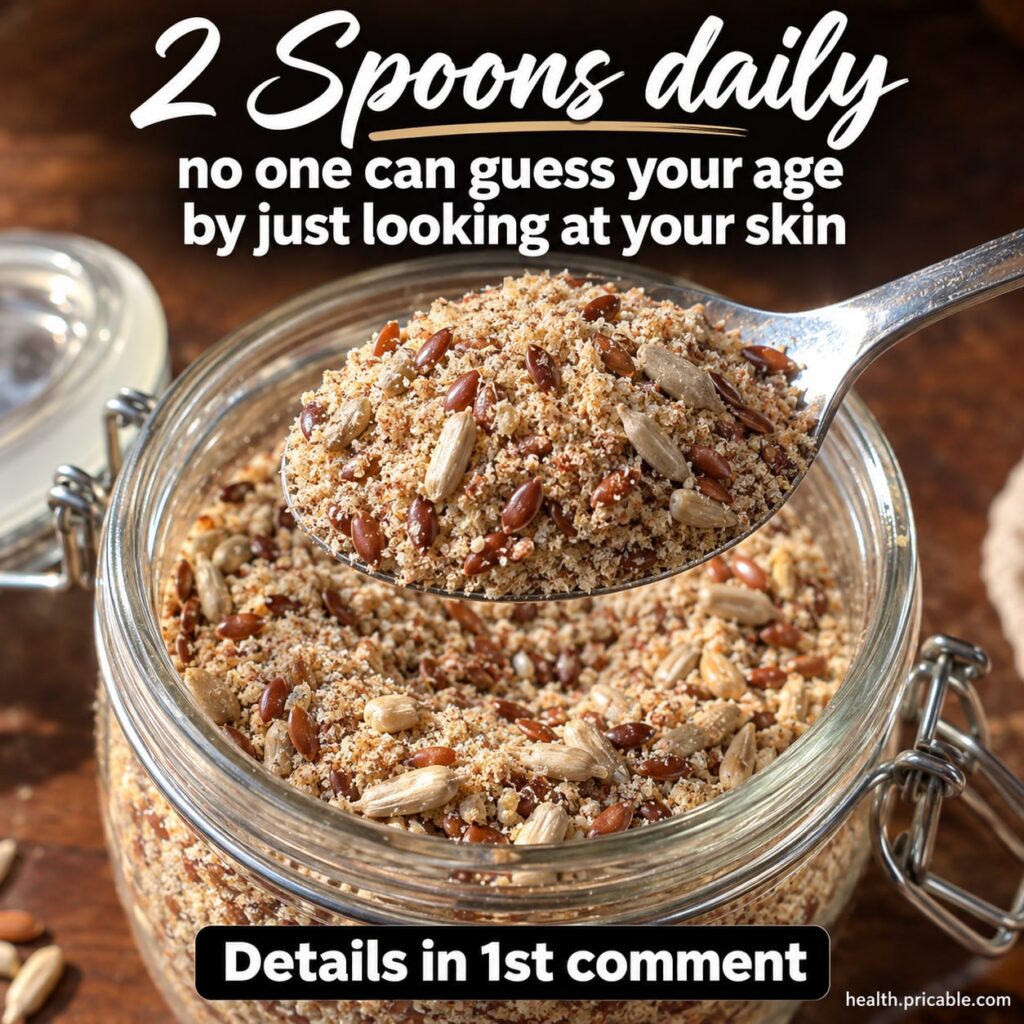 A close-up shot of two spoons filled with a golden-hued beauty powder blend with a blurred background of healthy glowing