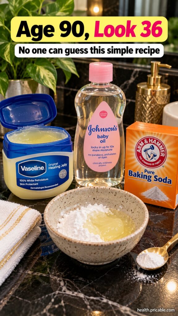 A small bowl with a creamy white mixture of Vaseline baby oil and baking soda next to the three ingredient containers