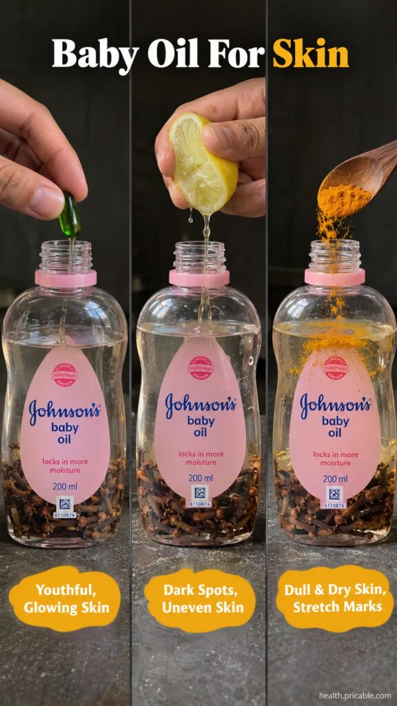 A bottle of enhanced baby oil blend next to the ingredients baby oil a small bottle of vitamin E oil and a small bottle 