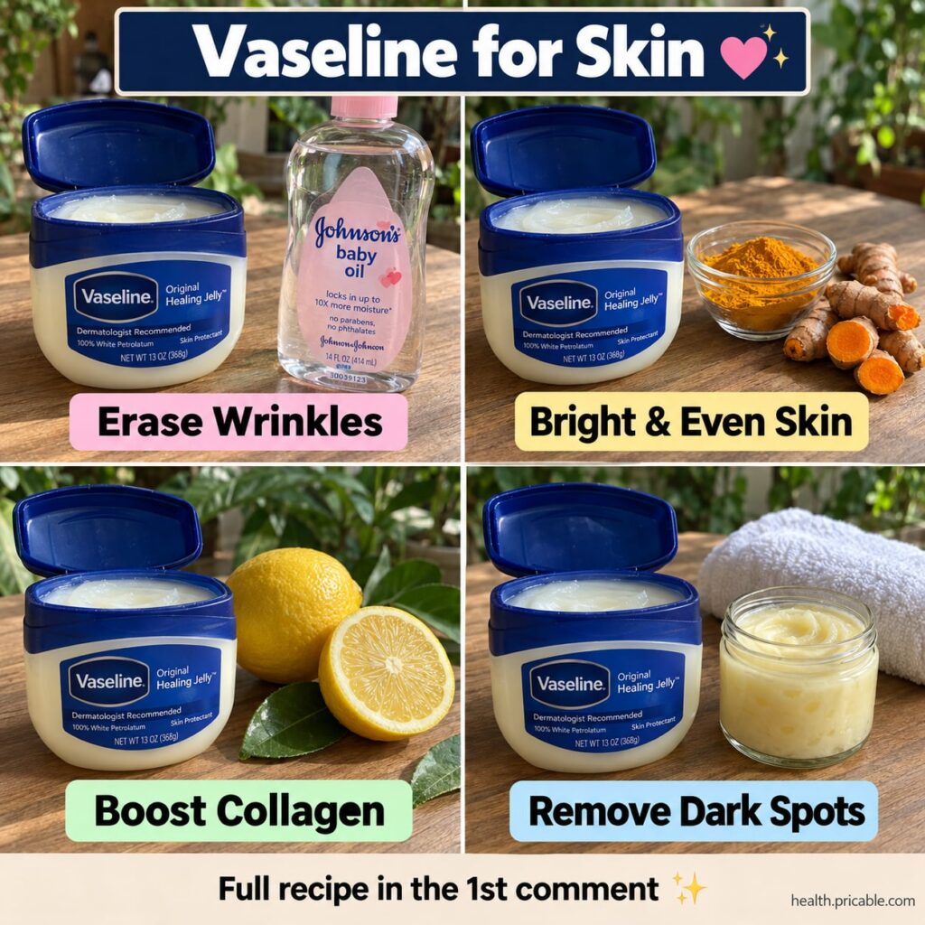 A small jar of Vaseline with honey and almond oil bottles arranged around it suggesting ingredients for a DIY beauty rec