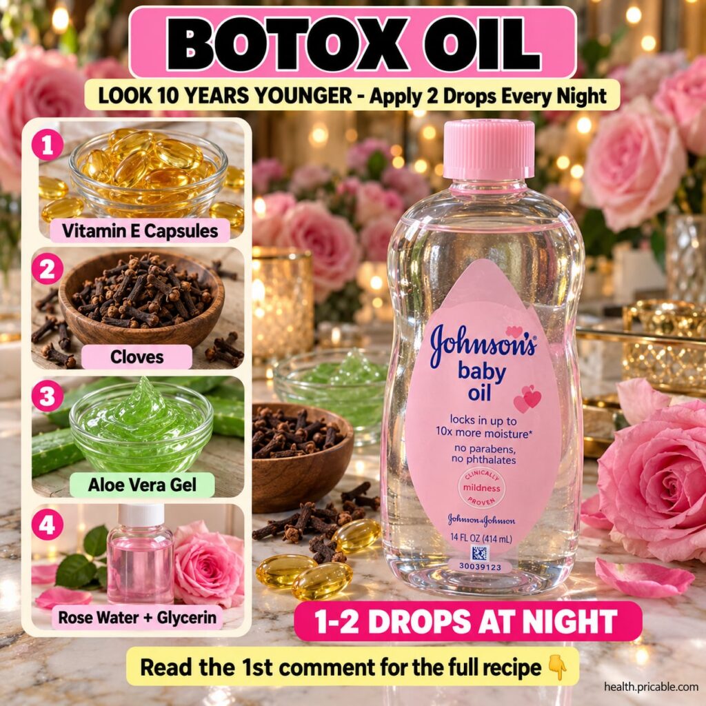 Ingredients for a DIY Botox Oil blend a bottle of Johnson s Baby Oil a small bottle of Vitamin E oil and a bottle of alm