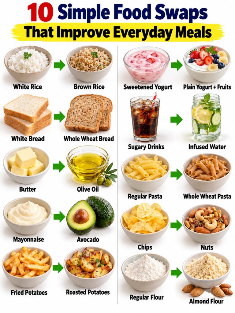 A vibrant flat lay of various healthy food swaps showing a side-by-side comparison of less healthy options next to their