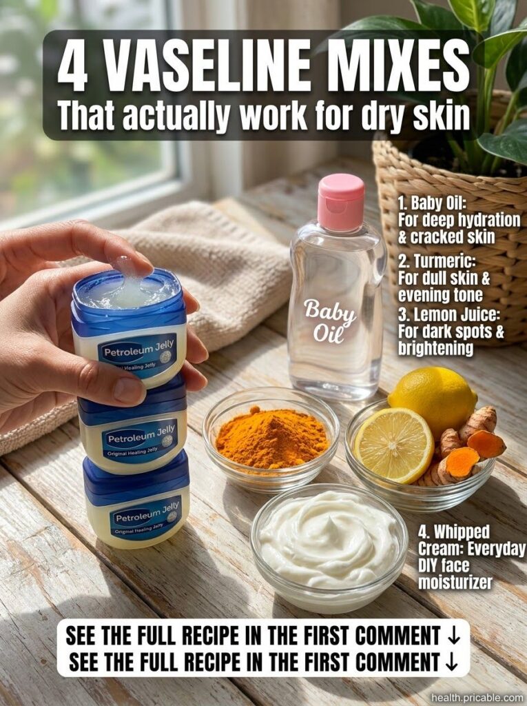 A close-up of a small jar of Vaseline petroleum jelly next to a small bowl containing one of the DIY mixes perhaps with 