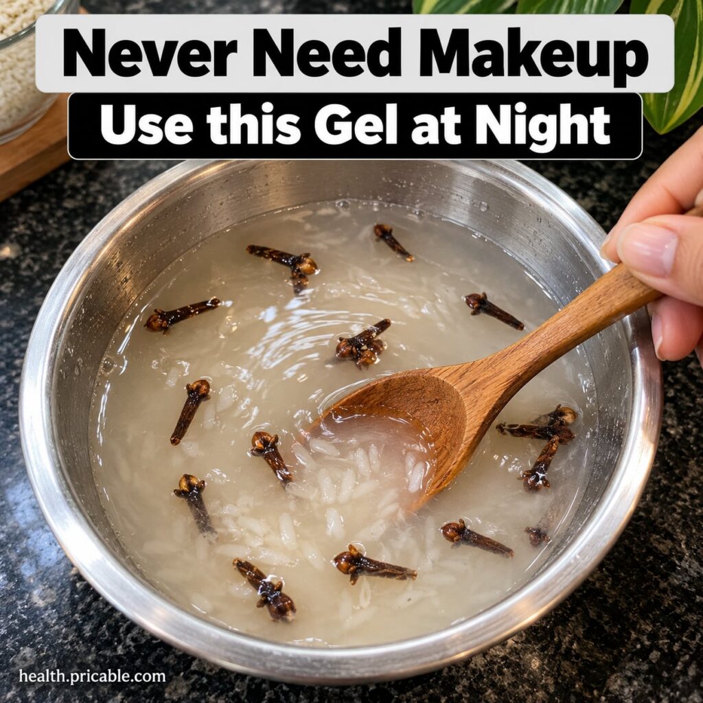 A clear glass bottle of homemade rice serum with a dropper set against a backdrop of white rice grains and a few aloe ve