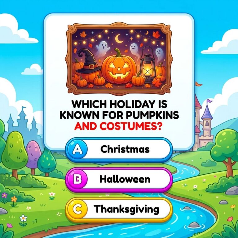 A visually striking Halloween quiz card with a dark cinematic navy background featuring silhouettes of pumpkins and cost