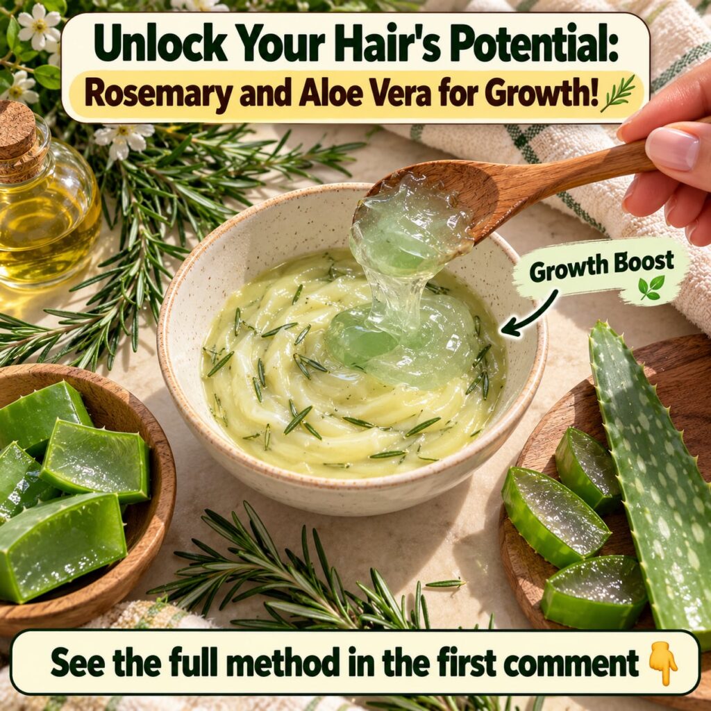 Close-up of a bowl containing a DIY rosemary and aloe vera hair mask mixture with fresh rosemary sprigs and an aloe vera