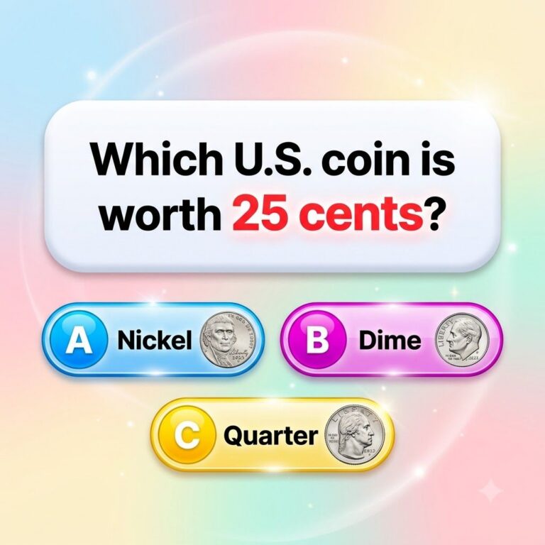A vertical quiz card asking Which U S coin is worth 25 cents with options A Nickel B Dime C Quarter set against a deep n