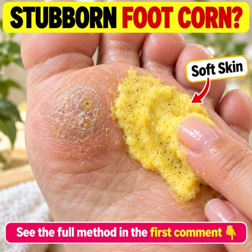 A person applying a natural paste to a foot corn on a toe with a bowl of ingredients like baking soda and lemon in the b