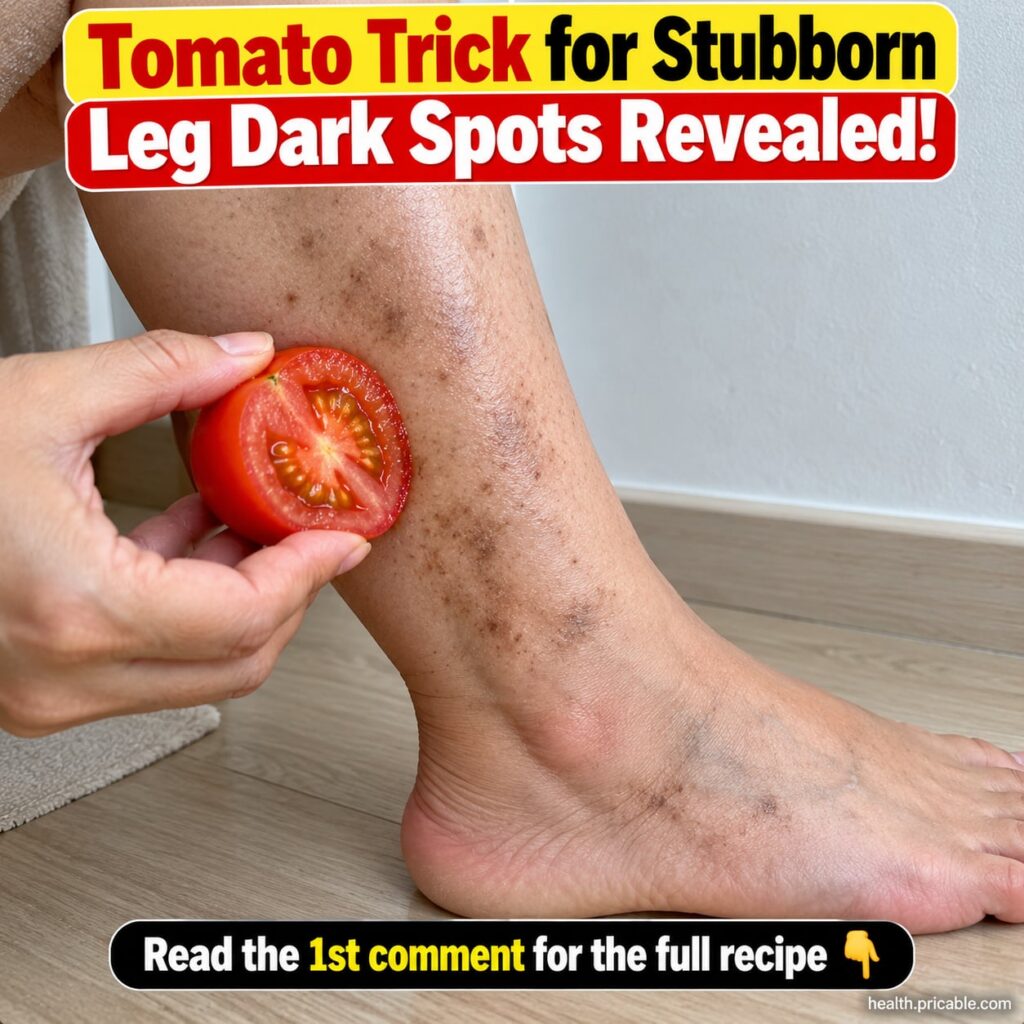 A woman s hand gently applying a reddish-orange tomato paste to her leg focusing on an area with dark spots The skin loo