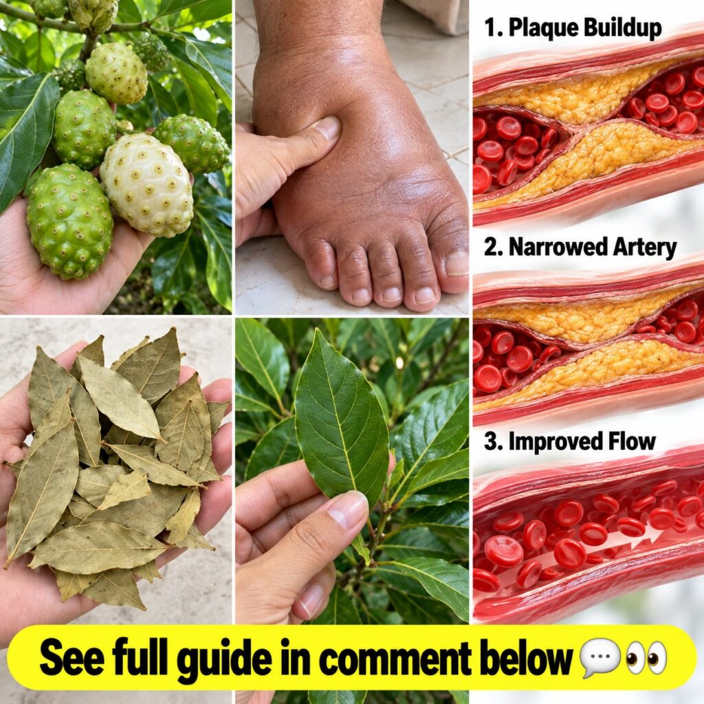 A warm inviting cup of herbal tea with a bay leaf and a sliced noni fruit on the side conveying a sense of natural remed