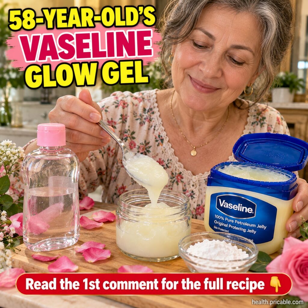 A small jar of homemade Vaseline Glow Gel with a spoon next to tubes of Vaseline and baby oil The setting is bright and