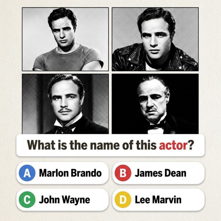 A vertical 9 16 quiz card for Facebook Reels featuring four distinct iconic looks of Marlon Brando across his career Opt