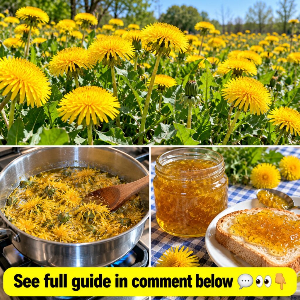 A close-up of vibrant yellow dandelion flowers growing in a sunny field with a blurred background suggesting natural sur