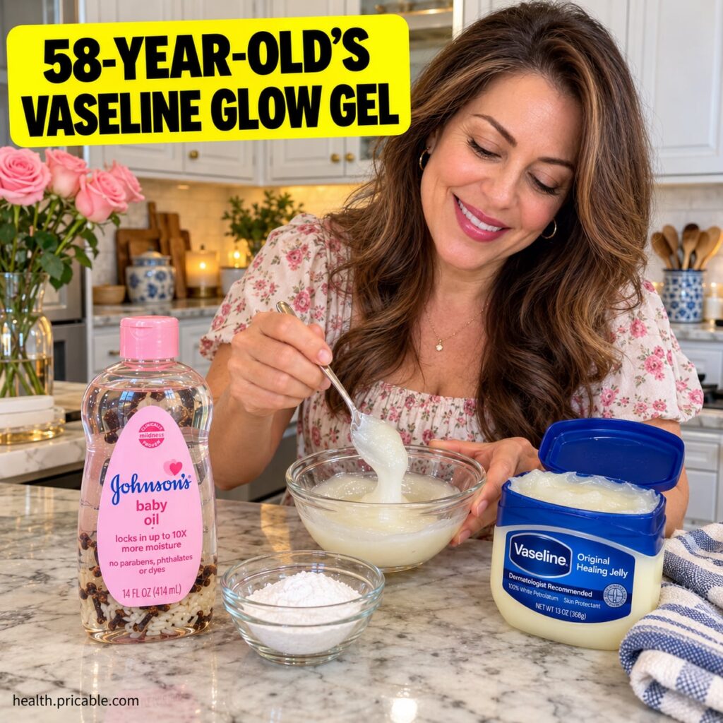 A woman in her late 50s with glowing smooth skin applying a small amount of a gel-like substance to her cheek in a well-