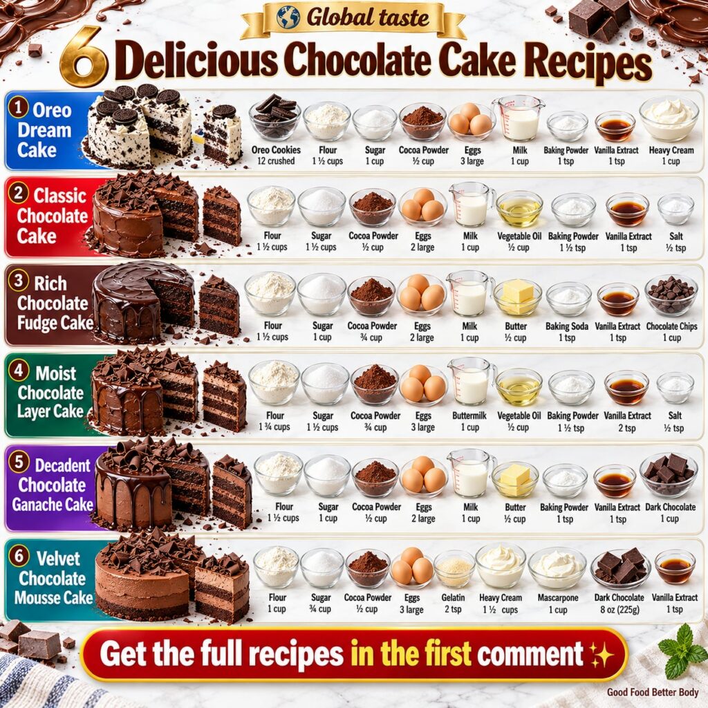 A beautiful spread of various chocolate cakes including a dark chocolate layer cake an Oreo cake and individual lava cak