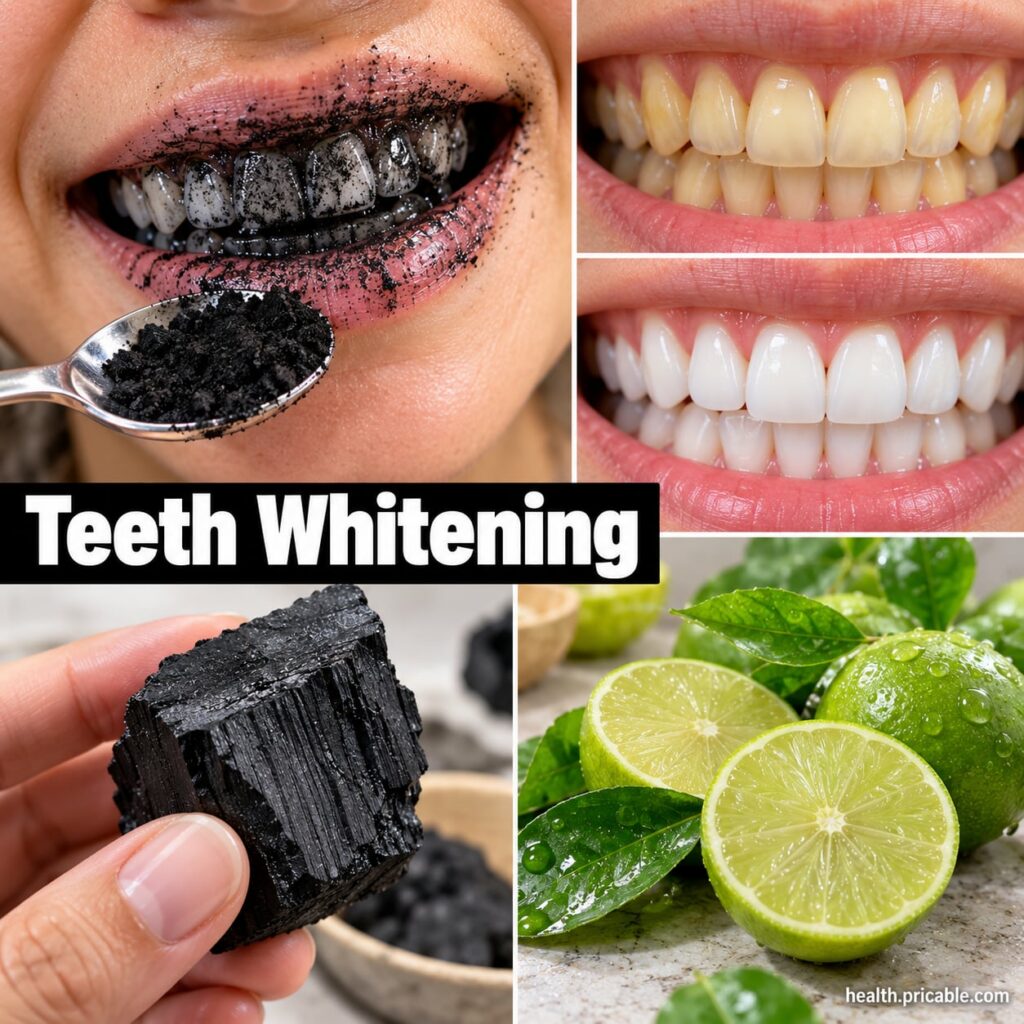 A small bowl with white baking soda powder next to a small glass of water and a toothbrush on a clean bathroom counter