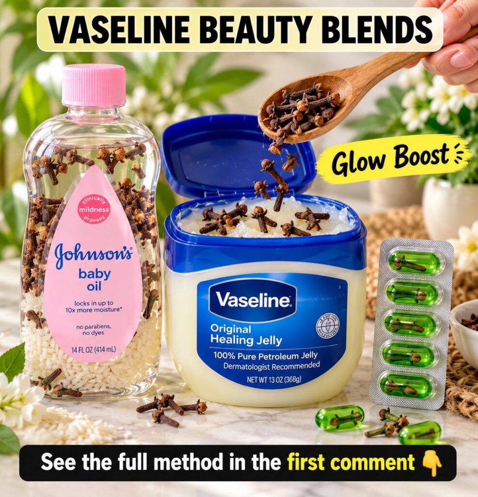 A jar of Vaseline petroleum jelly next to a small bowl of whole cloves with a beauty blend in a small dish on a clean li