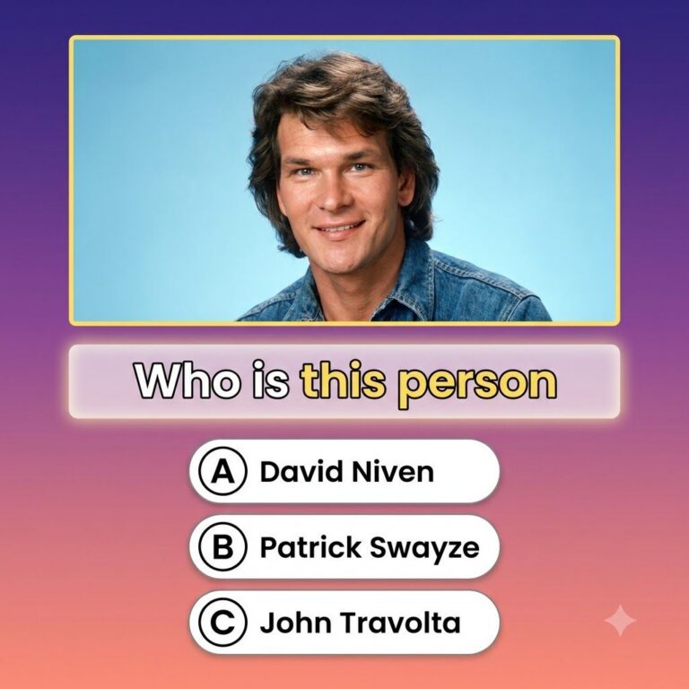 A vertical quiz card for a celebrity quiz featuring a portrait of a young Patrick Swayze looking directly at the viewer 