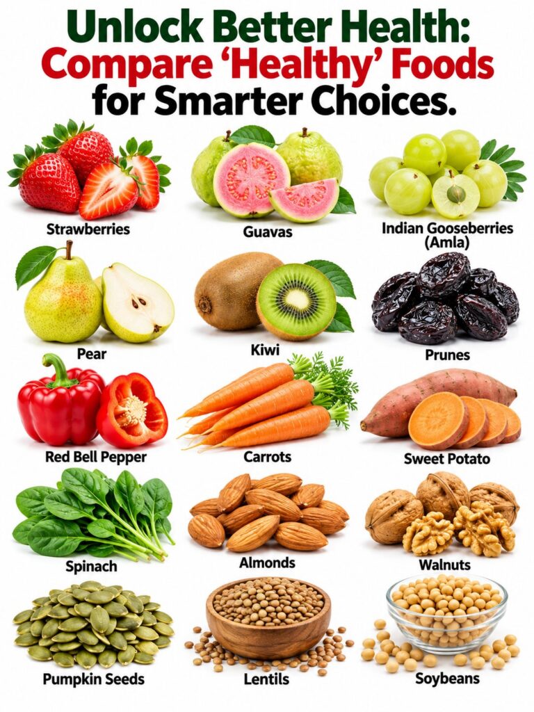 A visual comparison of common healthy foods versus their smarter more nutrient-dense alternatives laid out on a clean ki