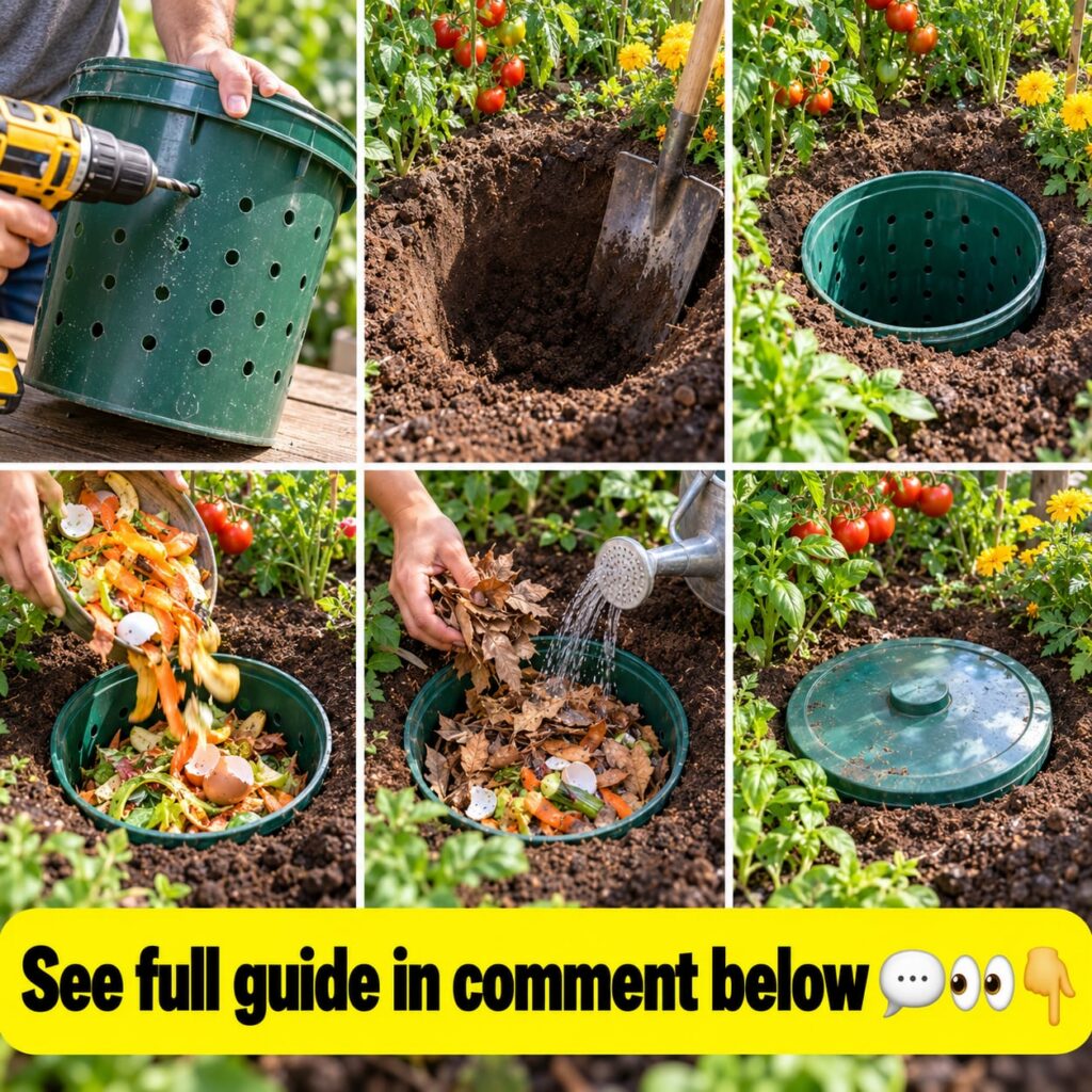 A partially buried bucket in a garden bed filled with kitchen scraps and surrounded by flourishing plants